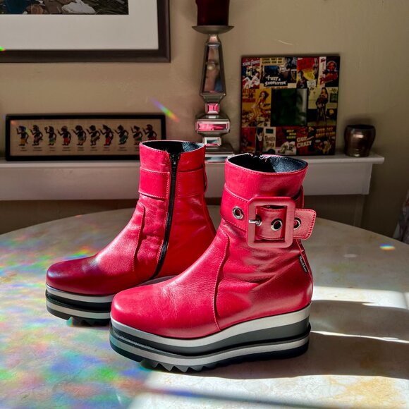 Red Leather Platform Moto Bootie Buckle Marco Moreo Milano Italy Sz US 6.5 IT 37 - Picture 3 of 13